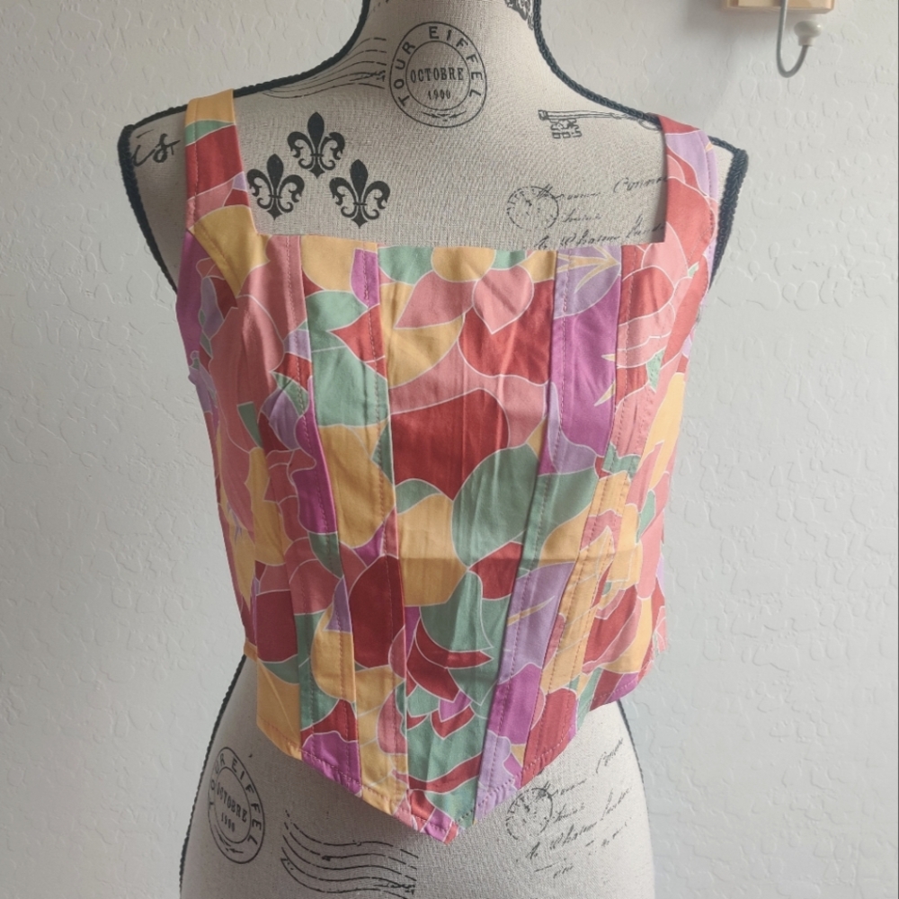 🆕 Festival Art to Wear fairy Colorful floral sharkbite asymmetric crop Top_XS